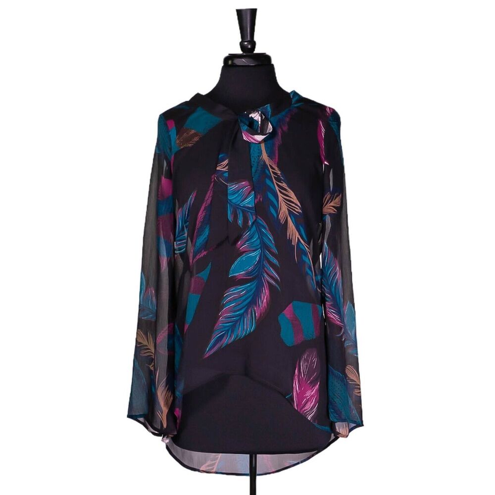 Express Women's Blouse Black Blue Feather Neck Tie Sheer Shirt Tunic Top Size M